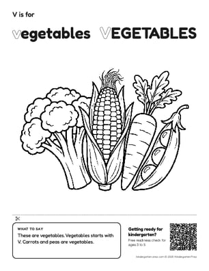 Printable letter V show and tell coloring page: vegetables