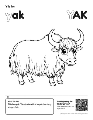 Printable letter Y show and tell coloring page: yak