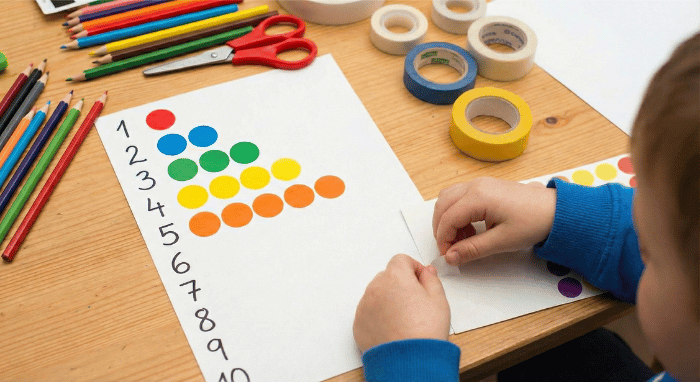 Paper with numbers 1-10 and colorful dot stickers placed next to each number in matching quantities