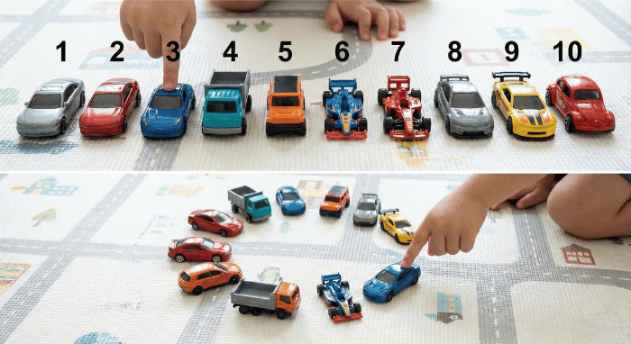 Toy cars arranged in a row then rearranged in different order showing same quantity for number conservation activity