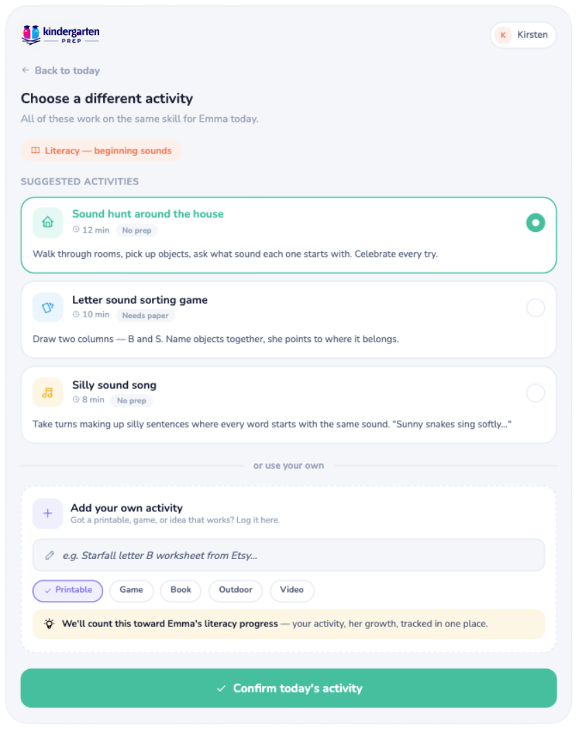 Activity picker showing three suggested alternatives plus an add your own option with custom activity input