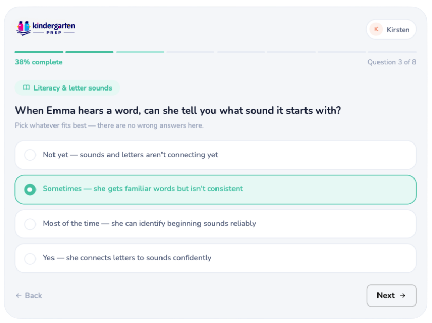 Assessment screen showing a question about letter sounds with friendly multiple choice options