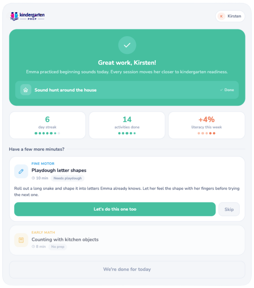 Post-completion screen showing streak stats and a gentle prompt to do one more optional activity