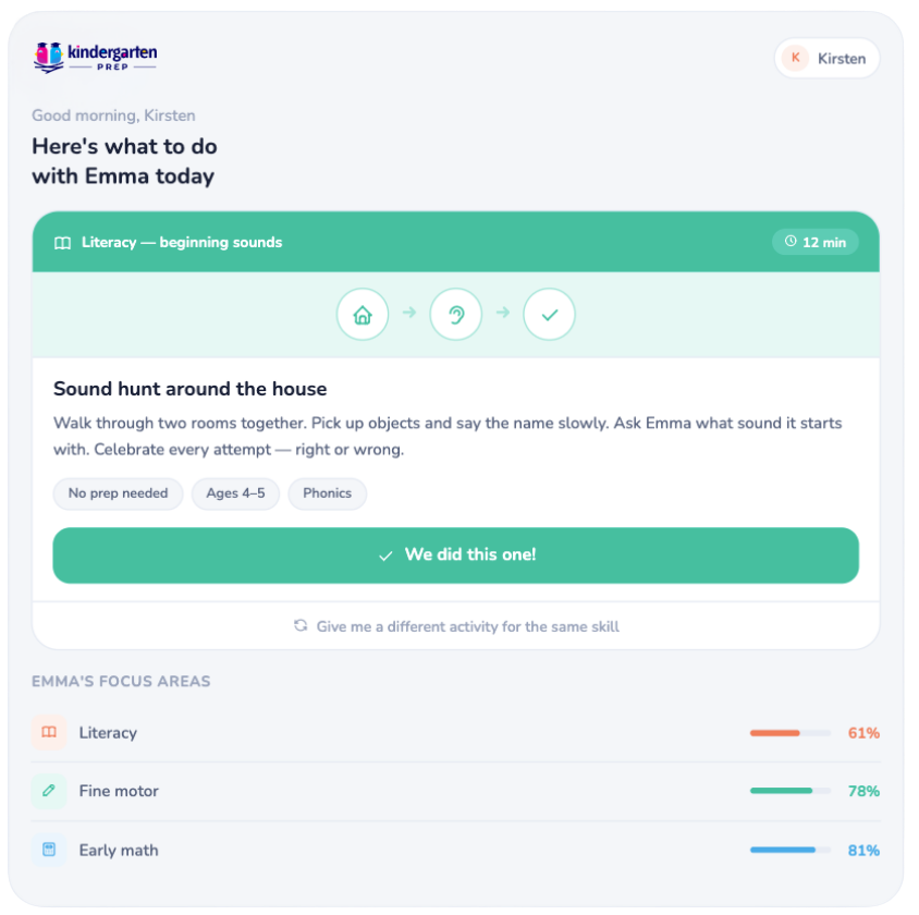 Daily activity card showing a literacy activity with time estimate, description, and a mark as done button